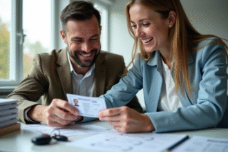 Deux adultes souriants vérifiant un permis de conduire français