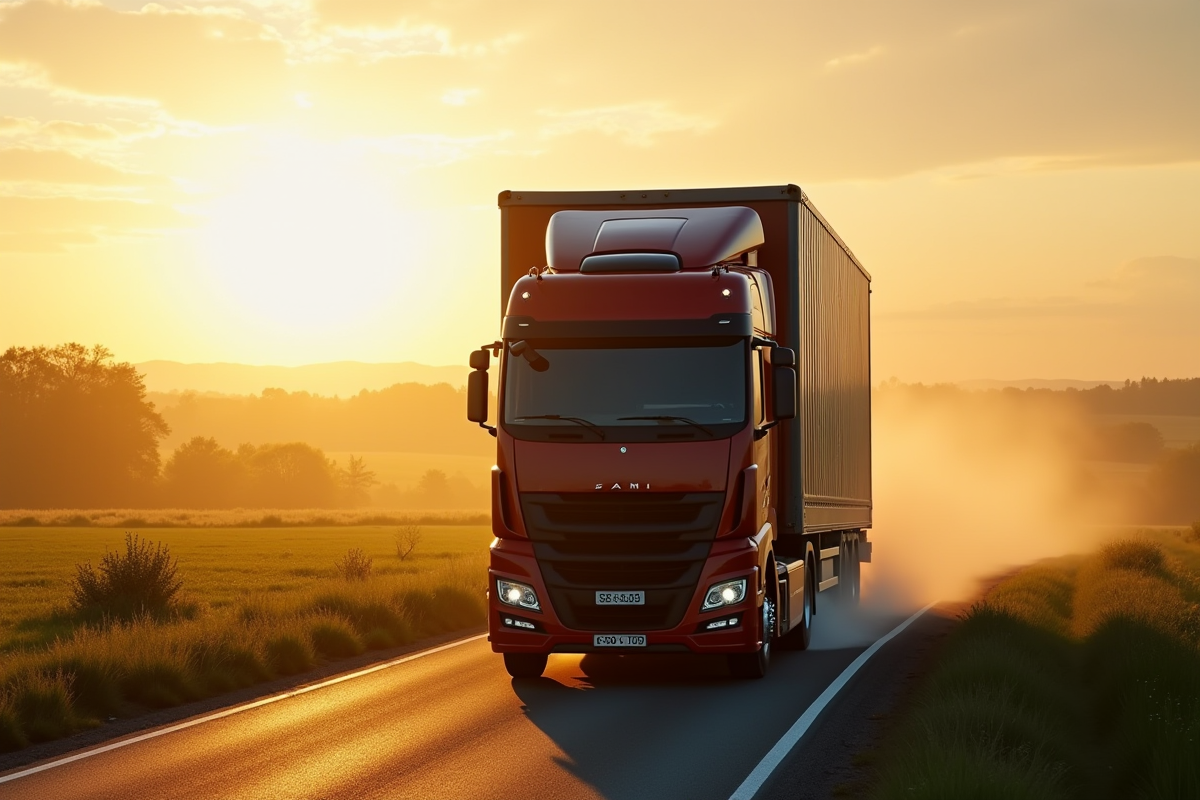 Camion de déménagement de 15 tonnes en campagne au lever du soleil