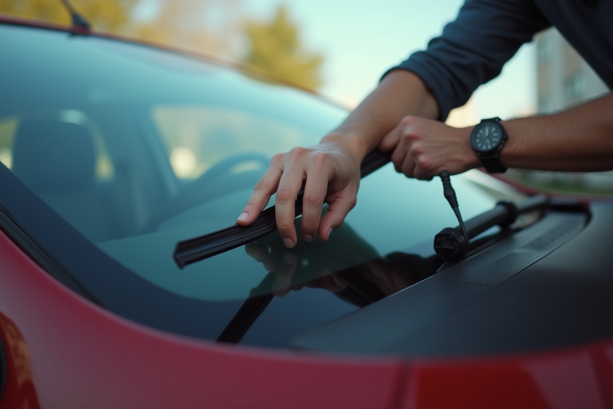 Main remplaçant un essuie-glace sur une Clio 3 en extérieur