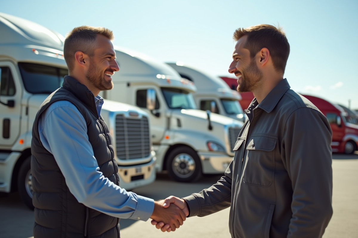 Chauffeur de camion serrant la main d'un agent devant des semi-remorques d'occasion