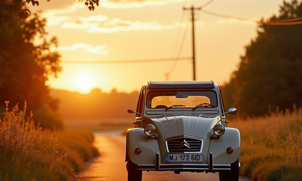 Citroën 2CV vintage sur route rurale ensoleillée