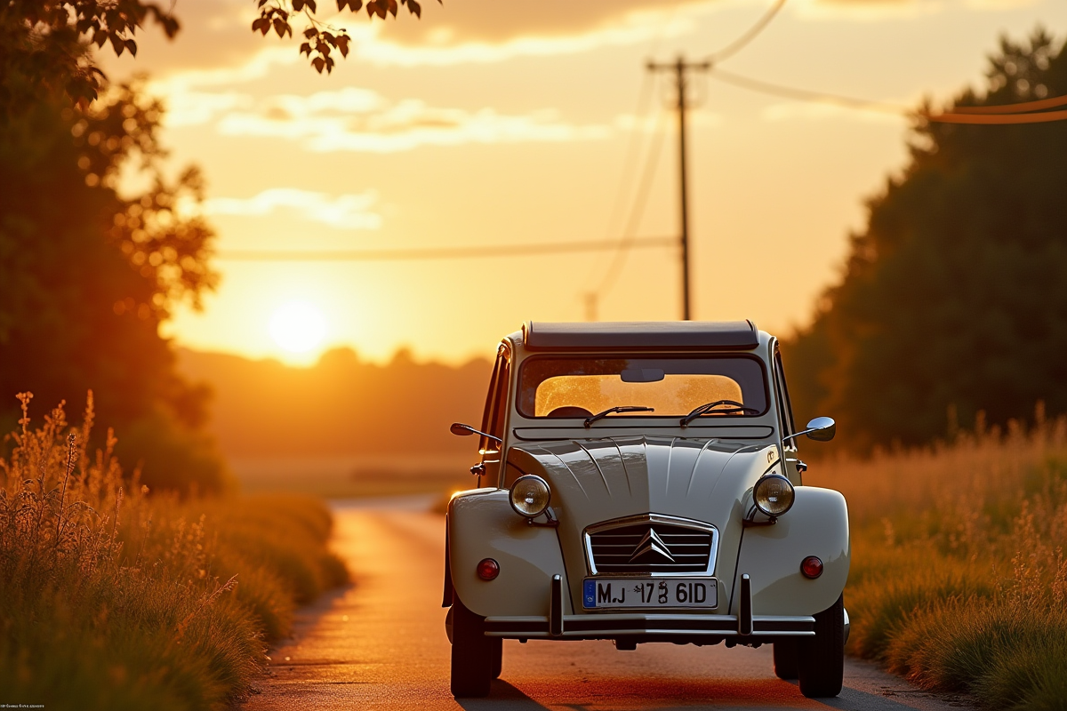 Citroën 2CV vintage sur route rurale ensoleillée