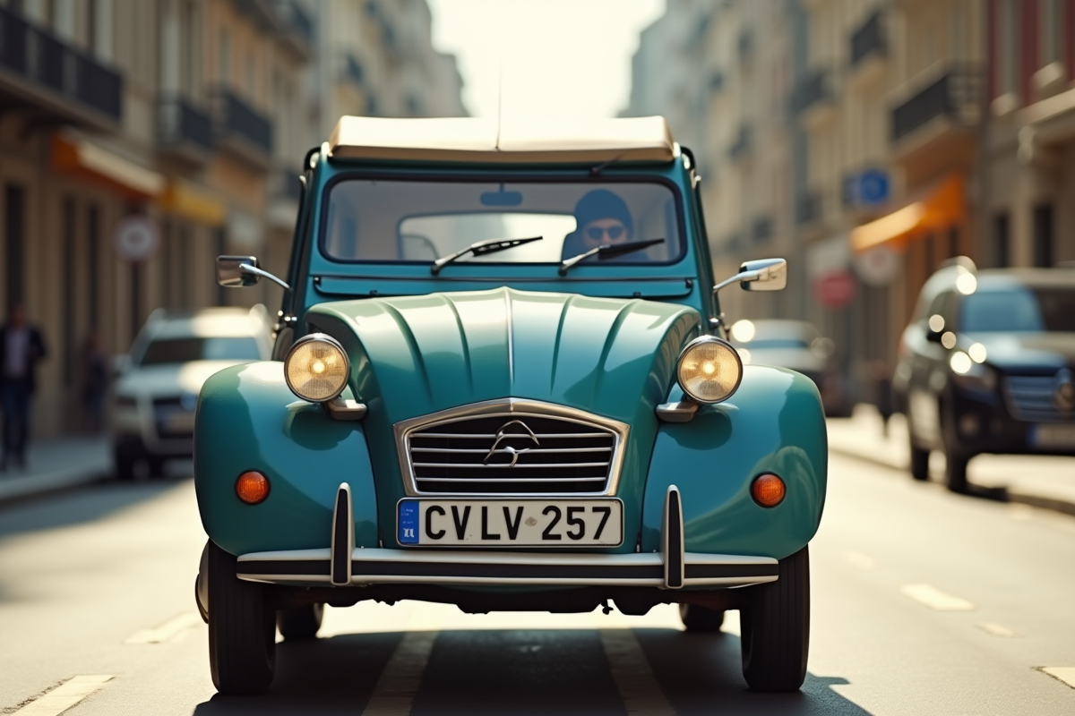 Citroën 2CV en ville en journée en gros plan