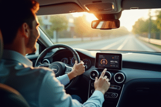 Conducteur vérifiant un tableau de bord numérique moderne dans une voiture