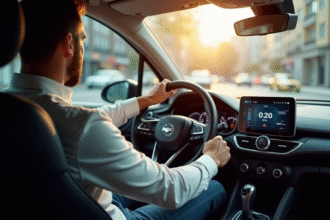 Homme dans une voiture compacte moderne vérifiant le tableau de bord