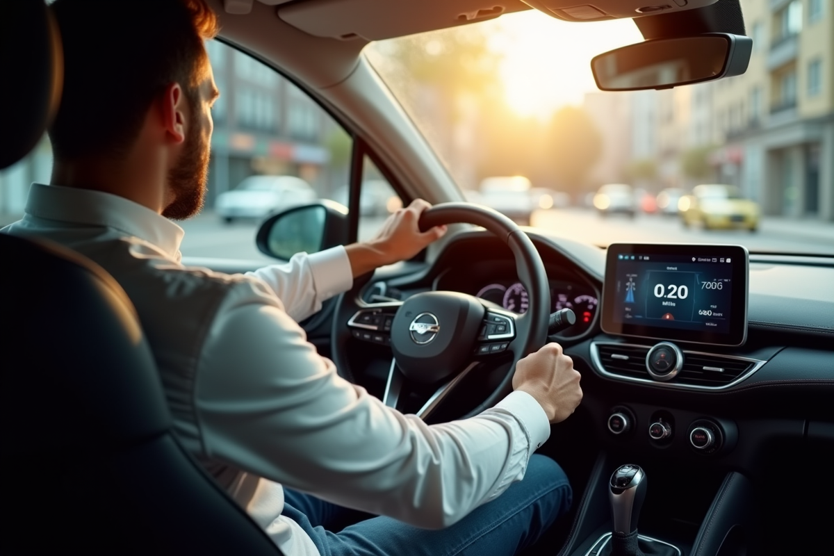 Homme dans une voiture compacte moderne vérifiant le tableau de bord