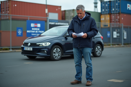 Homme inspectant un véhicule au port de France