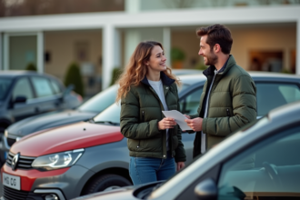 Jeune couple français devant une voiture neuve en concession