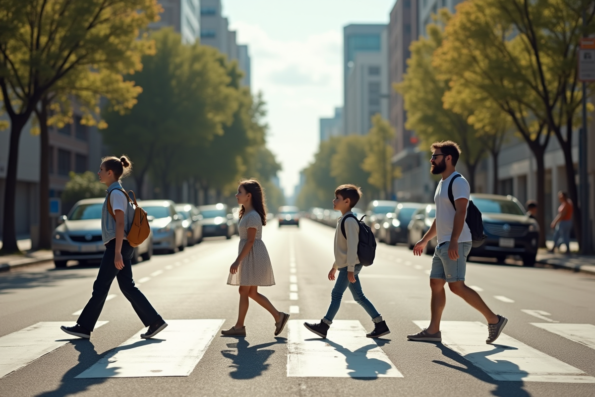 Famille traversant prudemment un passage piétons en ville