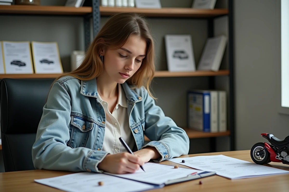 Jeune femme remplissant formulaire de carte grise trike en intérieur