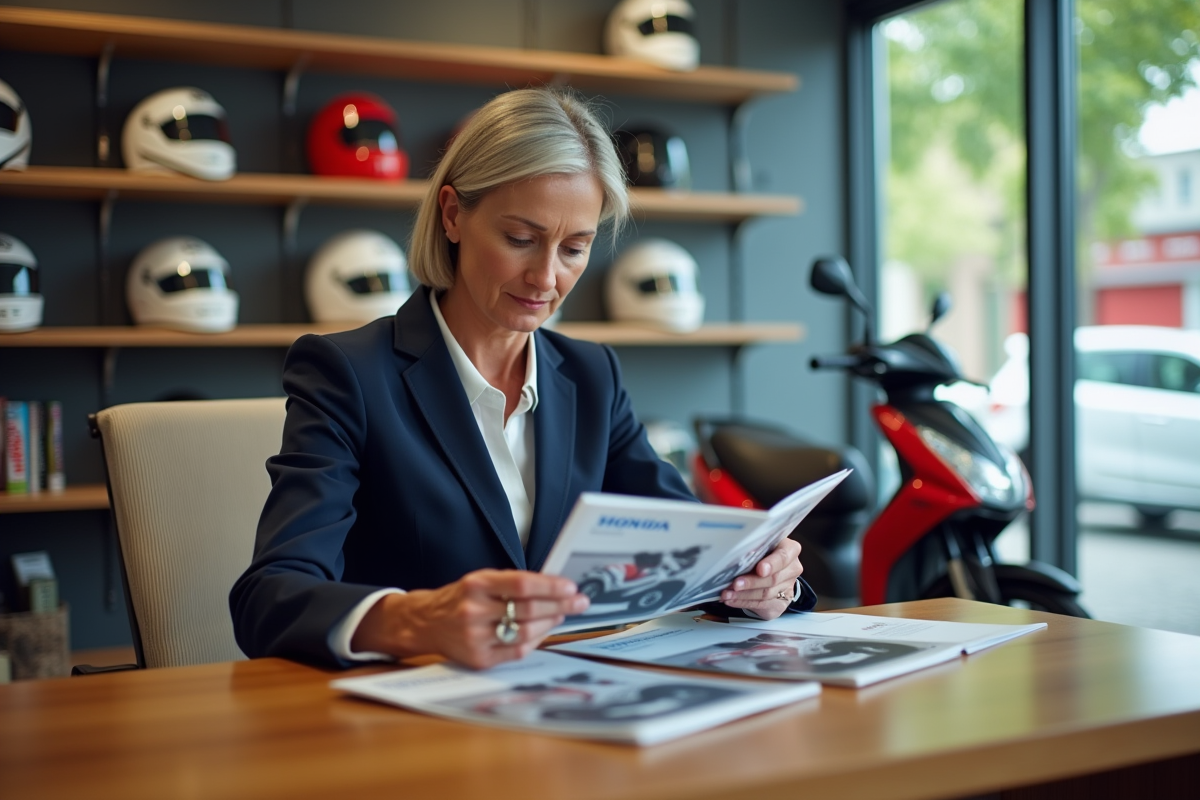 Femme compare brochures de la Honda Dax dans un showroom