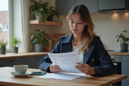 Femme en trench et jeans tenant un formulaire d'assurance voiture