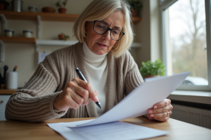 Femme d'âge moyen examine des documents d'assurance voiture à la maison