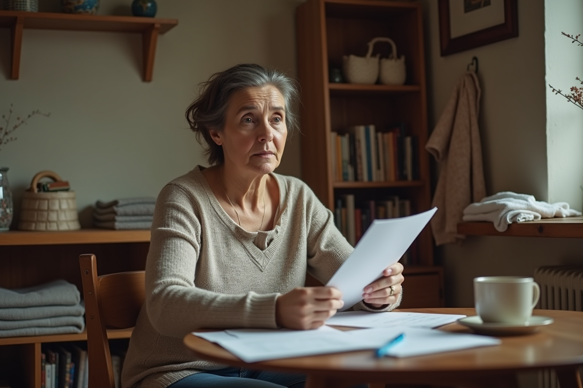 Femme d'âge moyen tenant des papiers dans un intérieur cosy