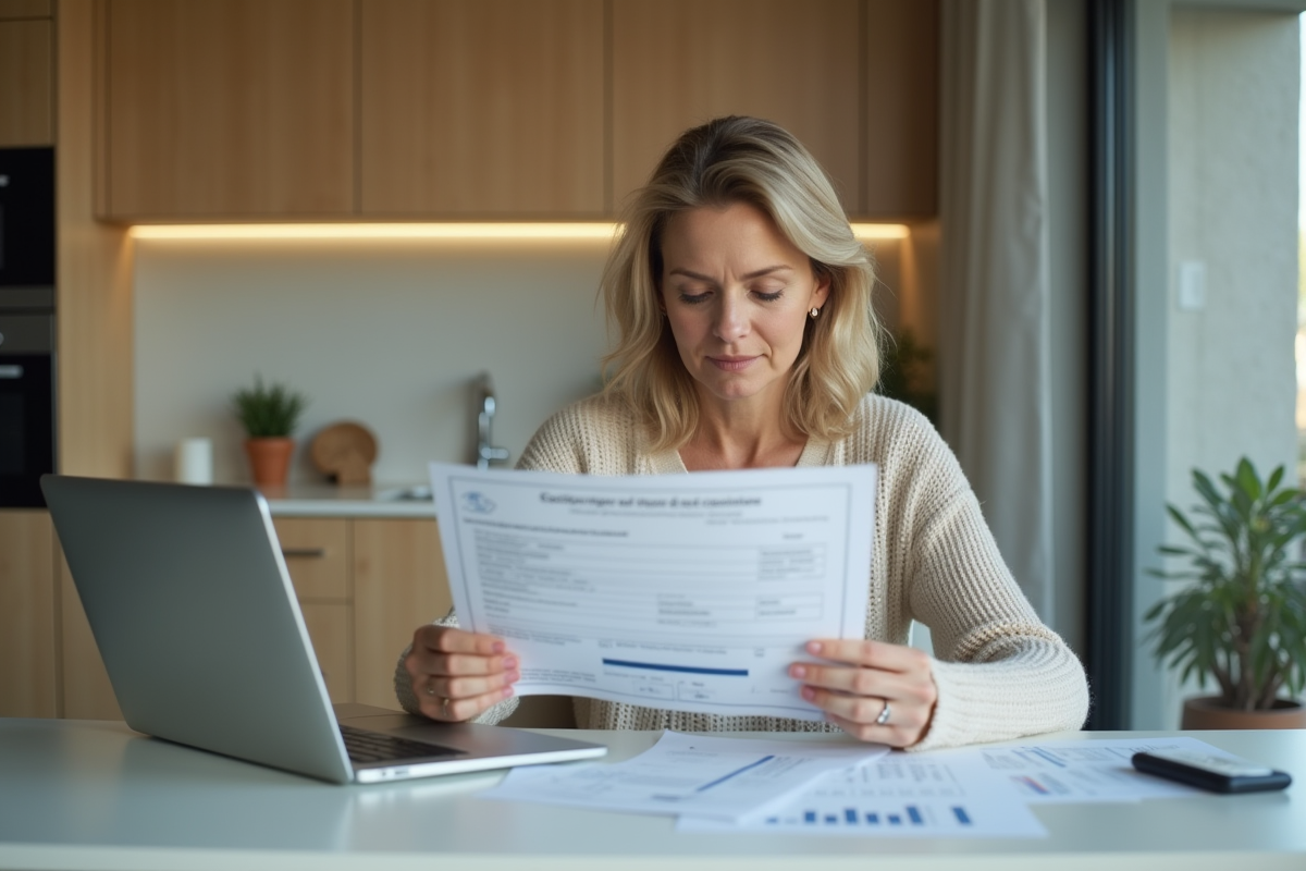 Femme française assise à une table moderne avec documents et ordinateur