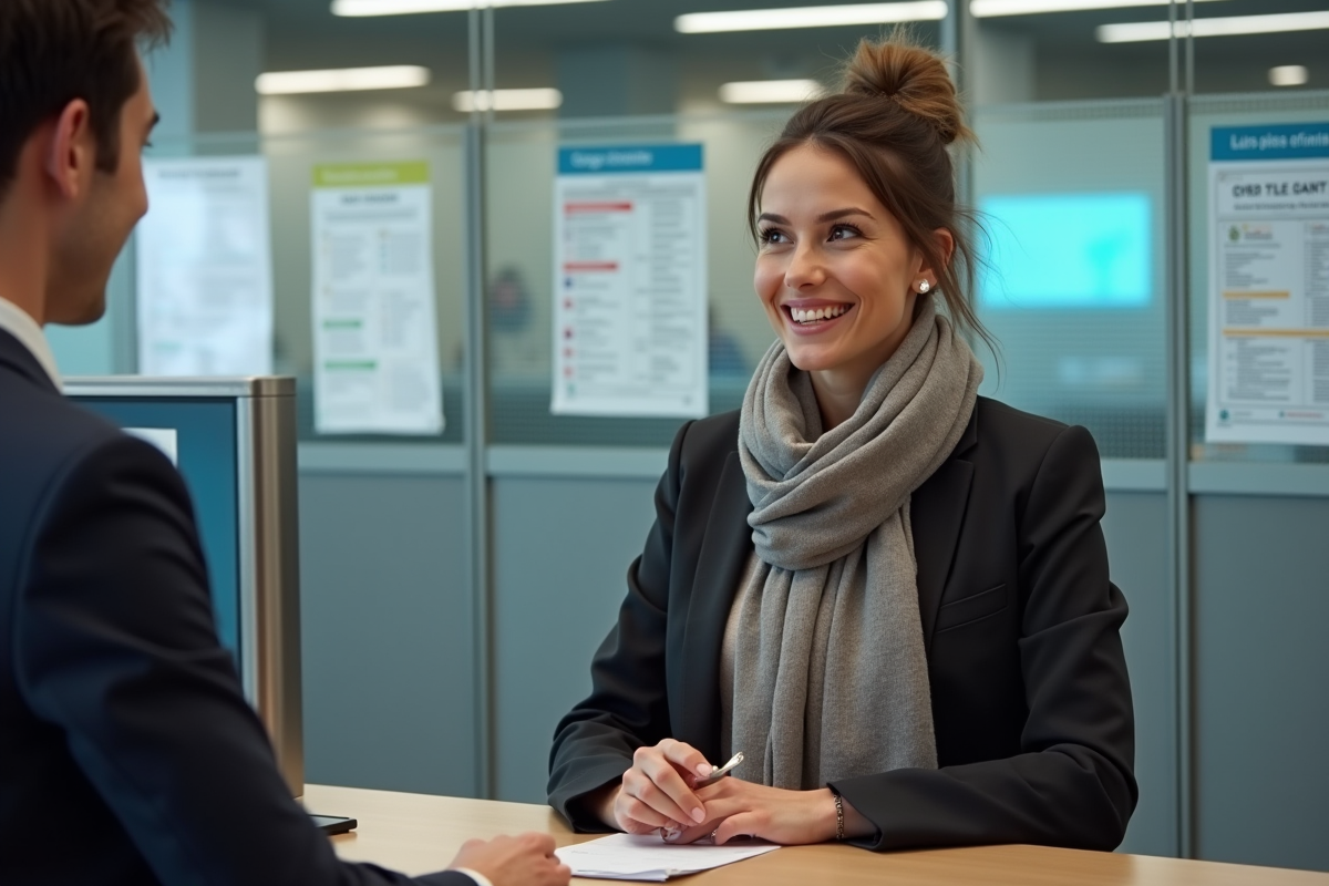 Jeune femme française discutant avec un agent au guichet
