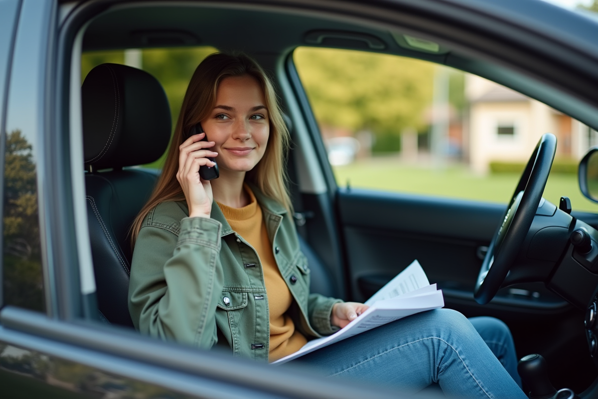Jeune femme parlant au téléphone dans sa voiture