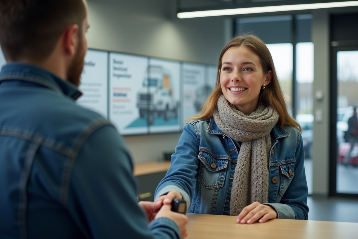 Jeune femme remettant ses clés à un professionnel dans un garage