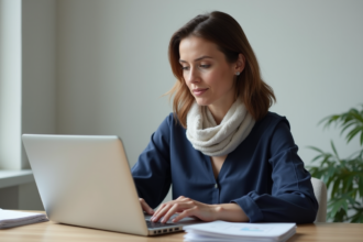 Femme renouvelant son permis de conduire en ligne à son bureau