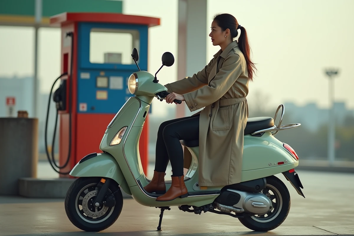 Femme à scooter au station essence en plein air