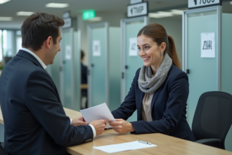 Femme remettant un document à un agent dans un bureau moderne