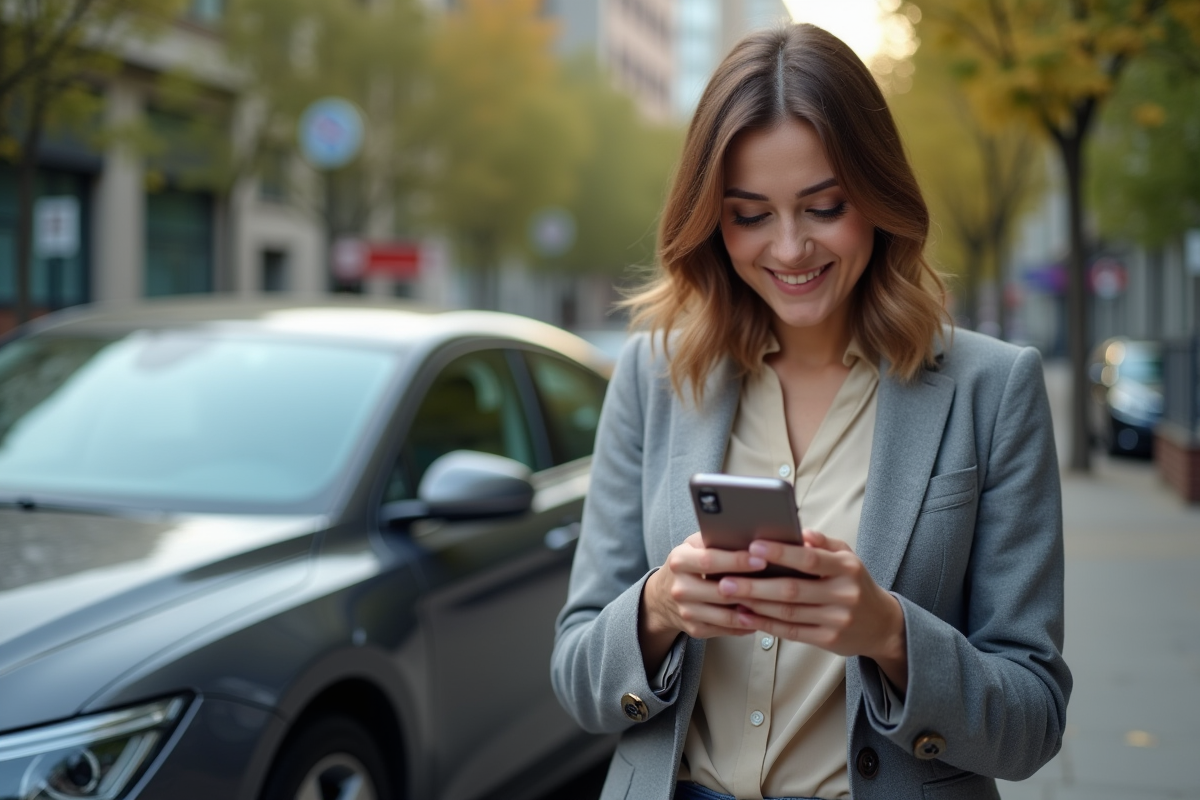 Femme souriante utilisant une application connectée pour voiture
