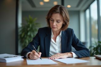 Femme d'âge moyen travaillant au bureau avec documents