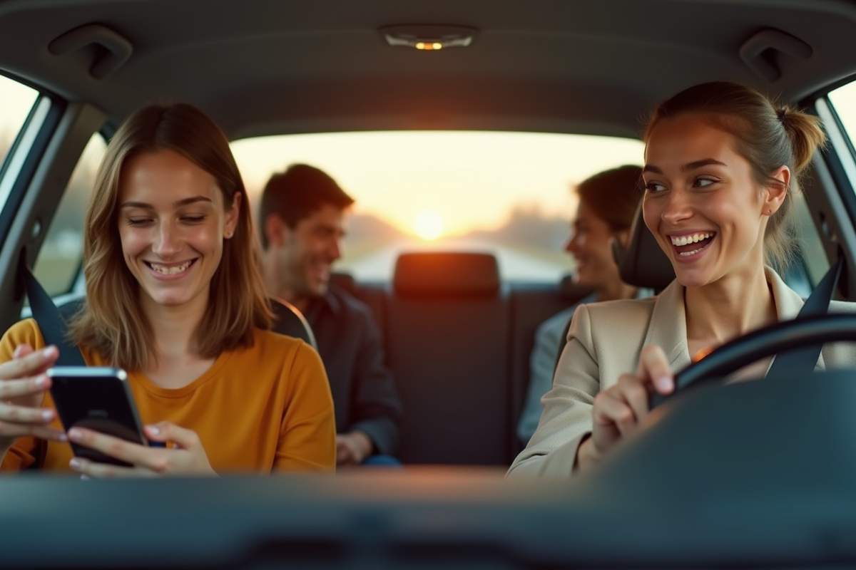 Jeune femme organise un covoiturage dans la voiture en souriant