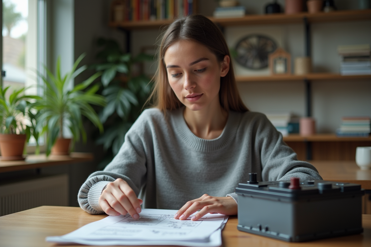Jeune femme examinant une batterie dans un espace de travail intérieur