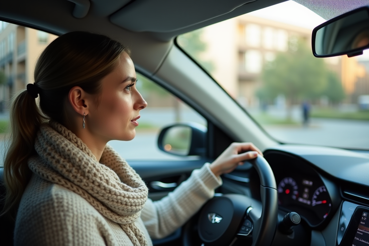 Jeune femme dans sa voiture hybride en ville
