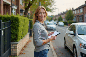 Femme d'âge moyen avec carnet dans un quartier résidentiel calme