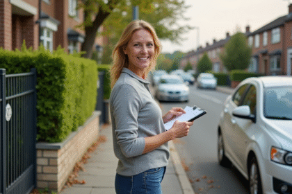 Femme d'âge moyen avec carnet dans un quartier résidentiel calme