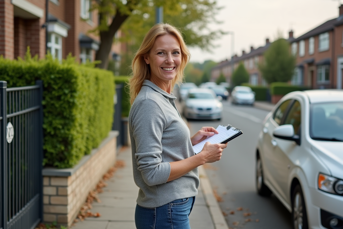 Femme d'âge moyen avec carnet dans un quartier résidentiel calme