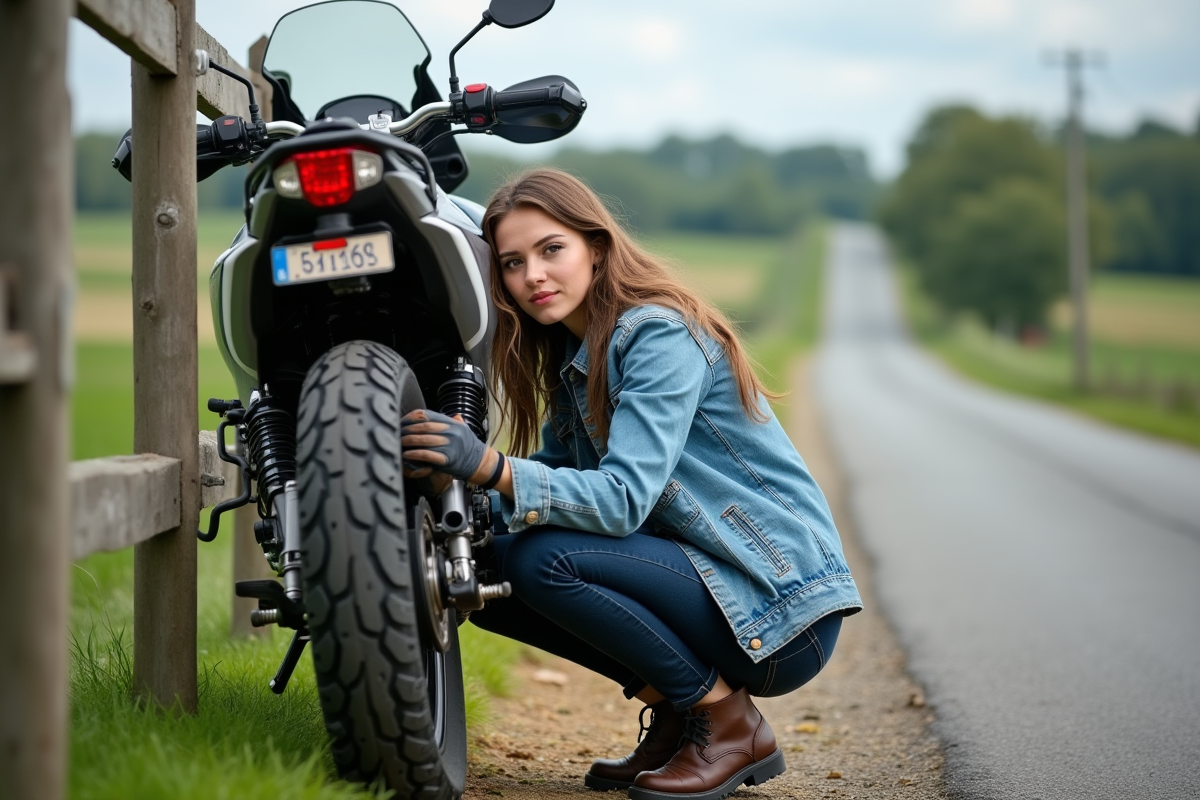 Jeune femme inspectant le pneu de sa moto en campagne