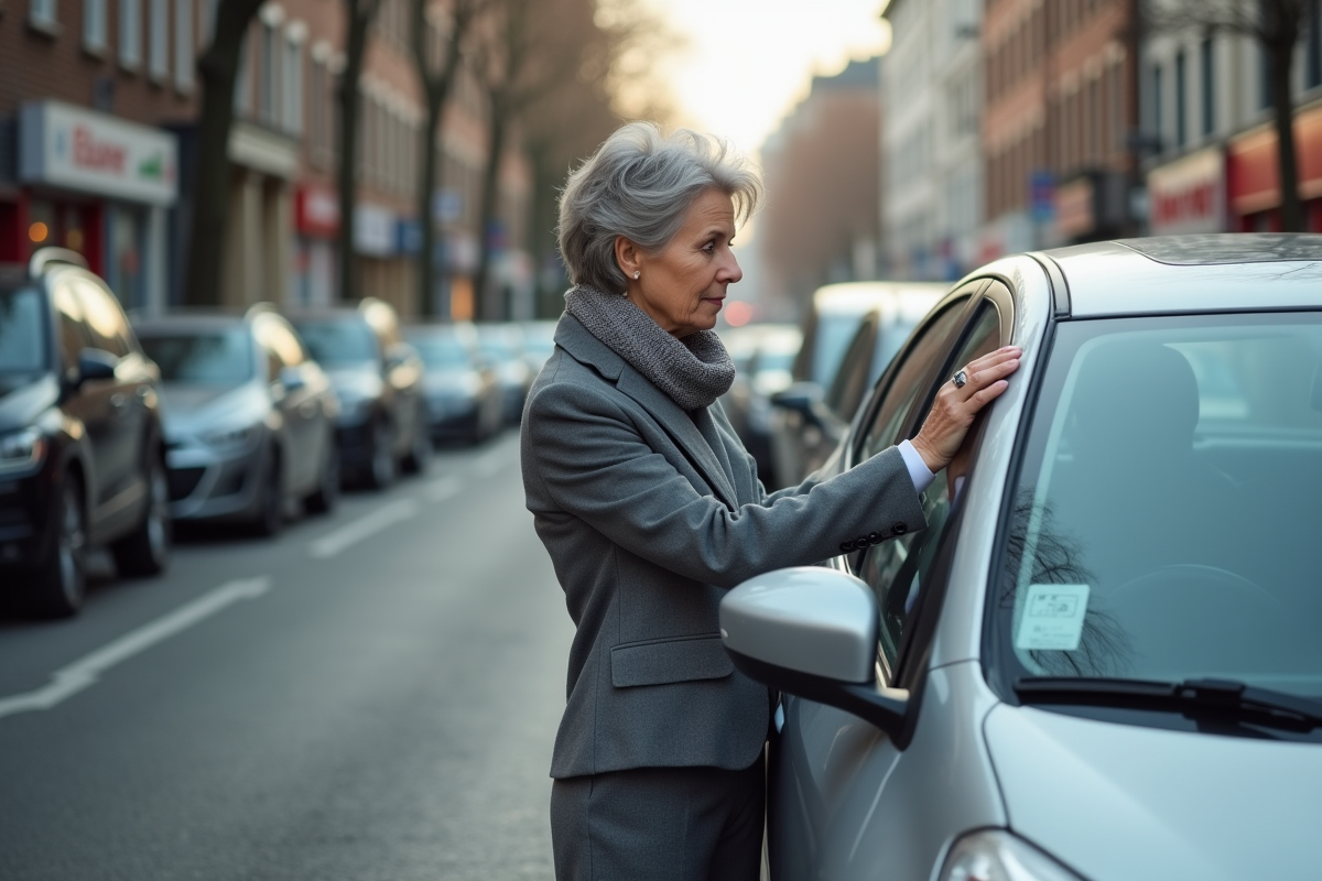 Femme vérifiant le pare-brise de sa voiture en ville