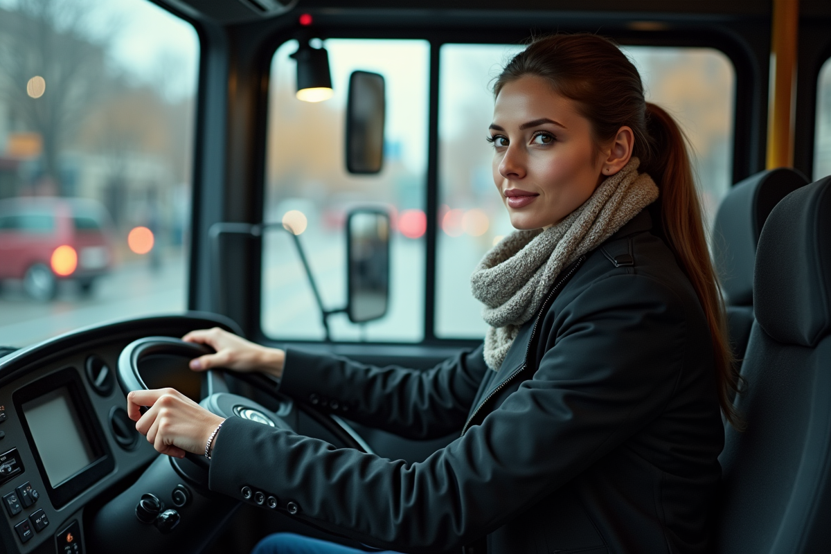 Jeune femme attentive au volant dans un bus en ville
