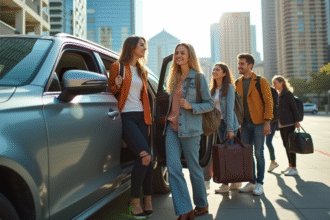 Groupe de personnes entrant dans une voiture moderne en ville ensoleillée