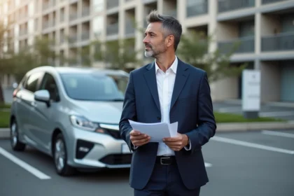 Homme d age moyen en costume avec voiture d assurance