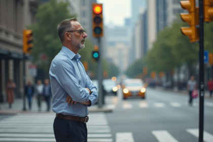 Homme d'âge moyen attend au feu orange en ville