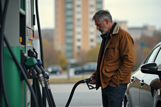 Homme d'âge moyen faisant le plein dans une station essence urbaine