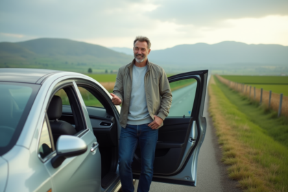 Homme d'âge moyen sortant d'une voiture hybride en campagne