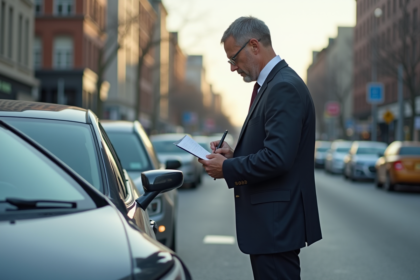 Homme d affaires préoccupé remplissant un constat auto