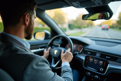 Homme en voiture moderne utilisant un tableau de bord digital