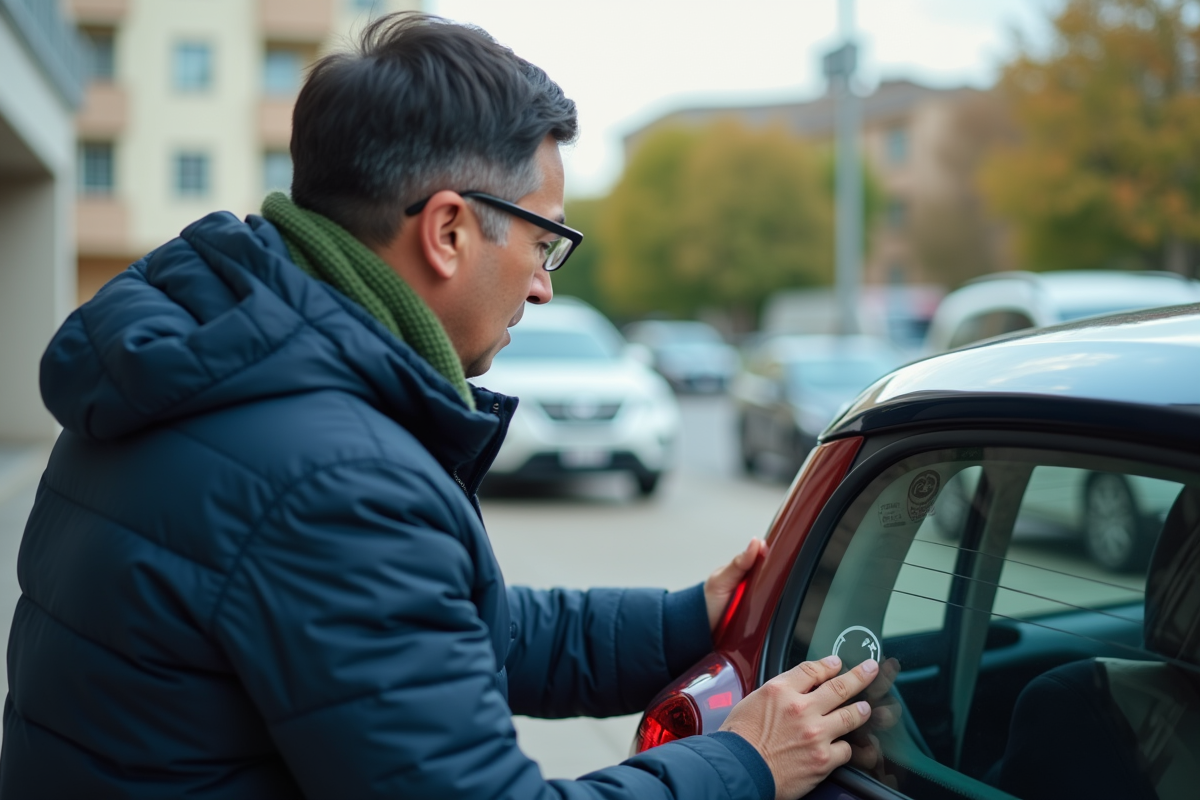 Homme examinant un ecolabel sur une voiture hybride en ville