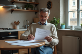 Homme français lisant une lettre dans une cuisine chaleureuse