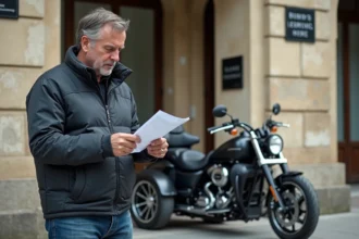 Homme d'âge moyen examinant documents devant trike en extérieur