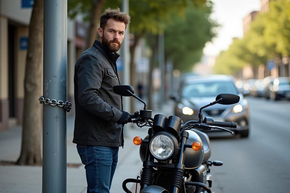Homme barbu en ville attachant sa moto de tourisme
