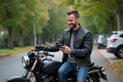 Homme souriant en moto et utilisant Waze en extérieur