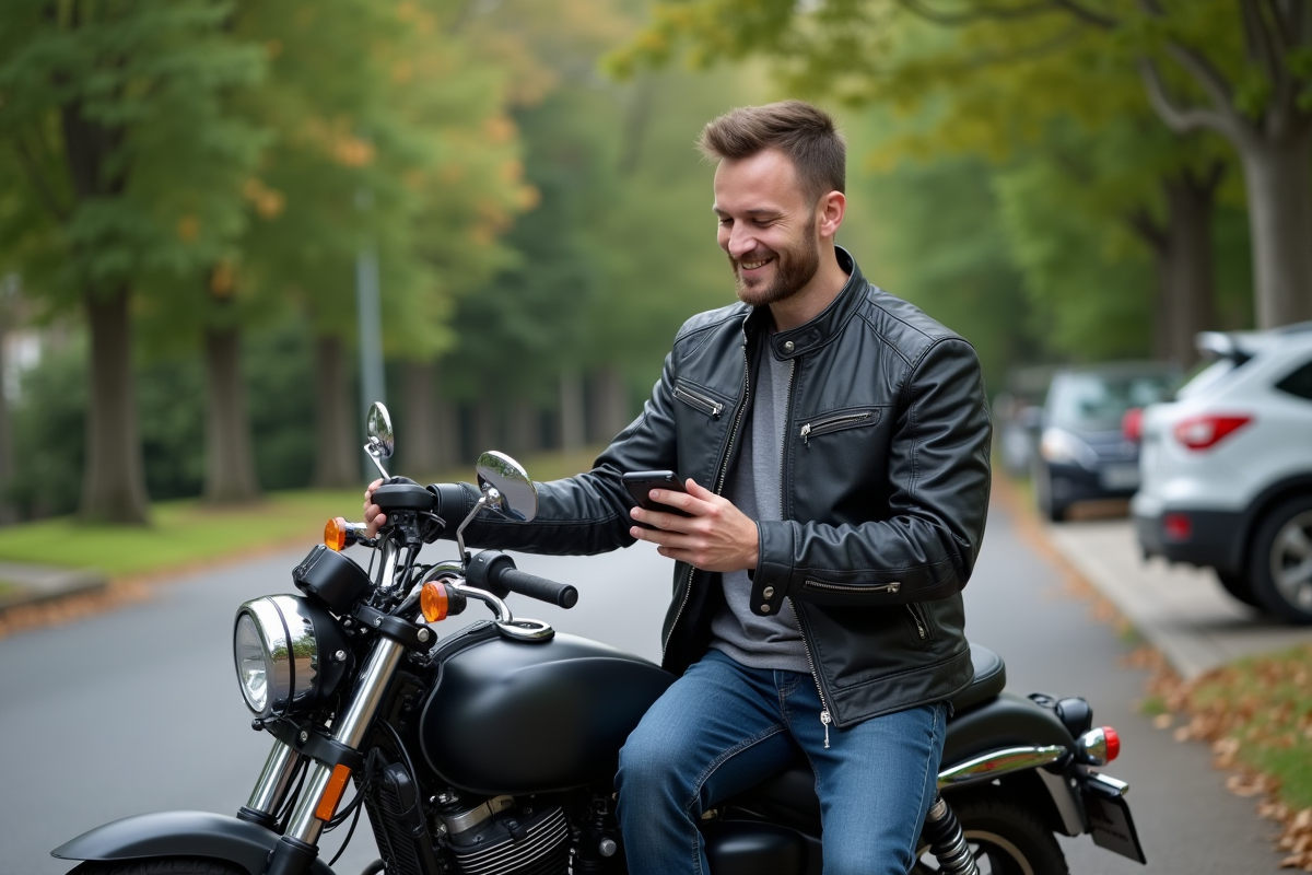 Homme souriant en moto et utilisant Waze en extérieur