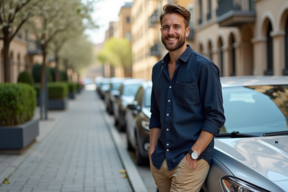 Homme élégant à côté d'une voiture en ville